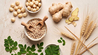 Kostume Rio de Janeiro U.S. Purifier Micelar Mask Ingredients  A styled flat-lay of whole food ingredients on a light beige stone surface, including a bowl of millet or quinoa with a wooden scoop, a bowl of macadamia nuts, ginger roots and slices, wheat stalks, and green 